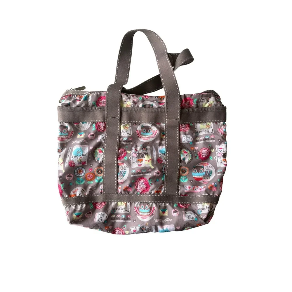LeSportsac Keep Happy Tote Bag Pouch Cats Owls Floral Gray Pink Travel Set